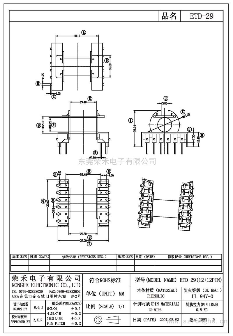 RH-ETD-29/ETD-29臥式 (12+12PIN)
